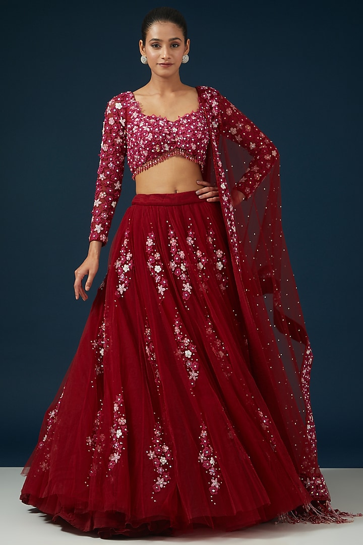 Red Net Embroidered Lehenga Set by KIRAN KALSI