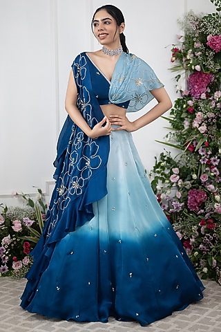 Blue Ombre Organza Satin Embroidered Jacket Lehenga Set by KIRAN KALSI