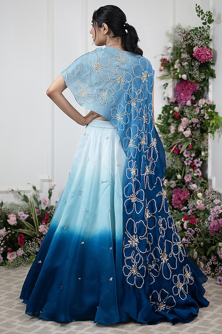 Blue Ombre Organza Satin Embroidered Jacket Wedding Lehenga Set by KIRAN KALSI at Pernia's Pop Up Shop