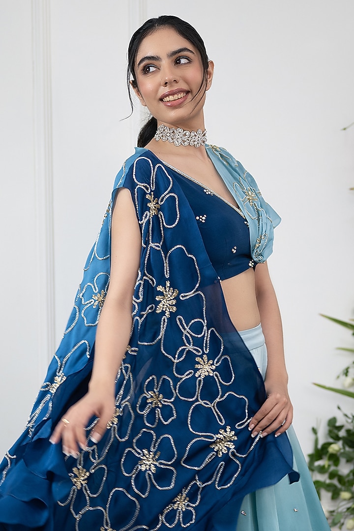 Blue Ombre Organza Satin Embroidered Jacket Wedding Lehenga Set by KIRAN KALSI at Pernia's Pop Up Shop