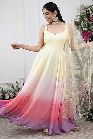 Multi-Colored Pastel Ombre Georgette Anarkali Set by KIRAN KALSI
