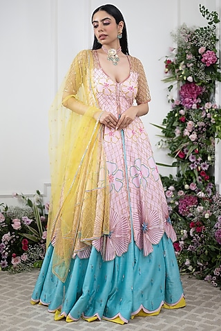 Blue Raw Silk Lehenga Set by KIRAN KALSI