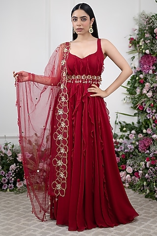 Red Georgette Ruffled Anarkali Set by KIRAN KALSI