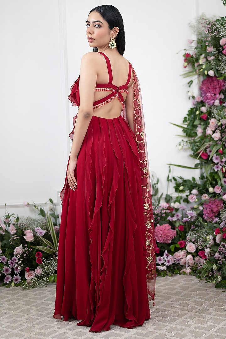 Red Georgette Ruffled Party Wear Anarkali Set by KIRAN KALSI at Pernia's Pop Up Shop
