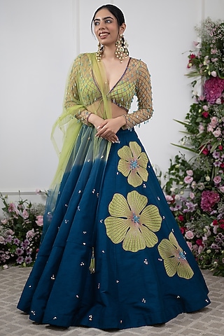 Teal Raw Silk Embroidered Lehenga Set by KIRAN KALSI