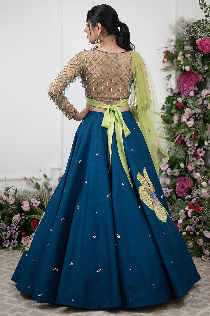 Teal Raw Silk Embroidered Wedding Lehenga Set by KIRAN KALSI at Pernia's Pop Up Shop
