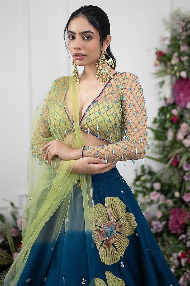 Teal Raw Silk Embroidered Wedding Lehenga Set by KIRAN KALSI at Pernia's Pop Up Shop