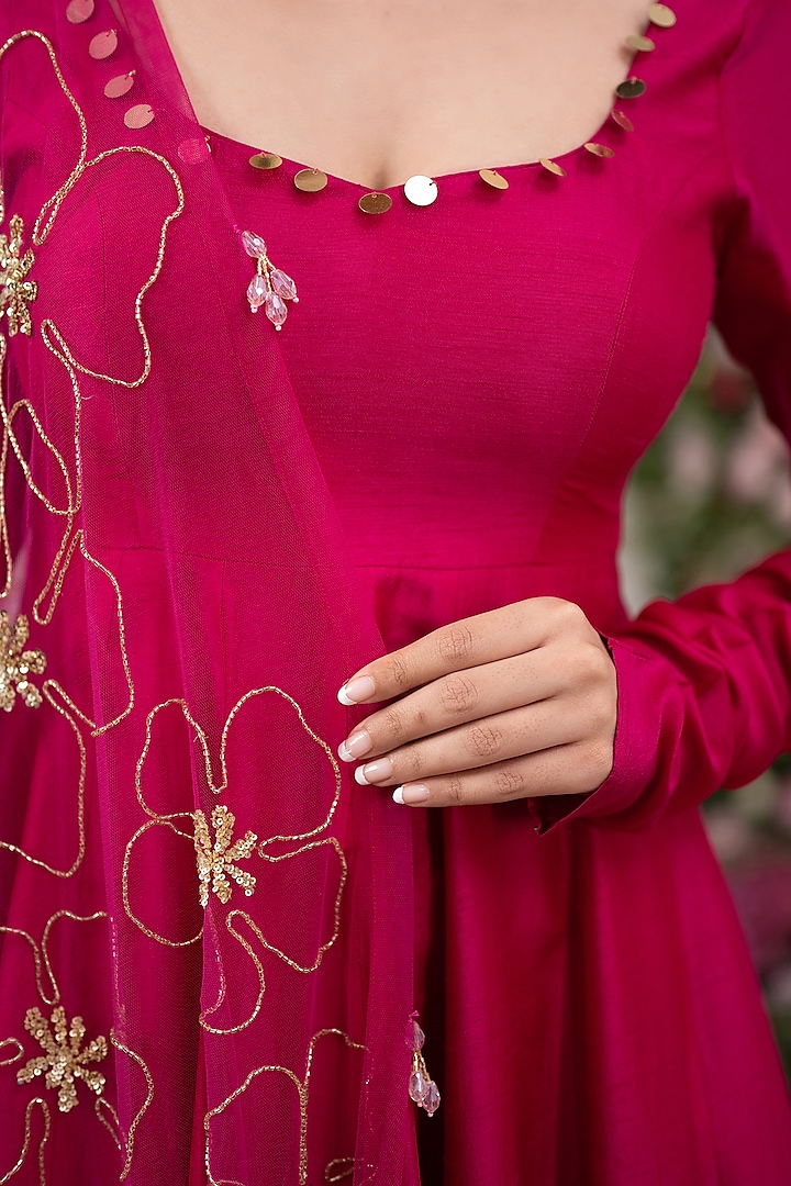Pink Raw Silk Party Wear Anarkali Set by KIRAN KALSI at Pernia's Pop Up Shop