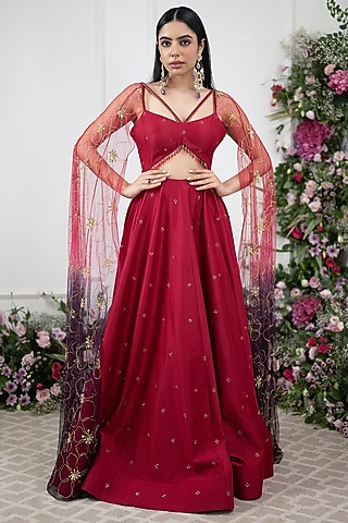 Red Chanderi Embroidered Anarkali by KIRAN KALSI