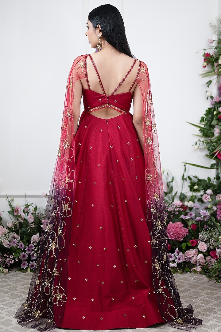 Red Chanderi Embroidered Wedding Anarkali by KIRAN KALSI at Pernia's Pop Up Shop