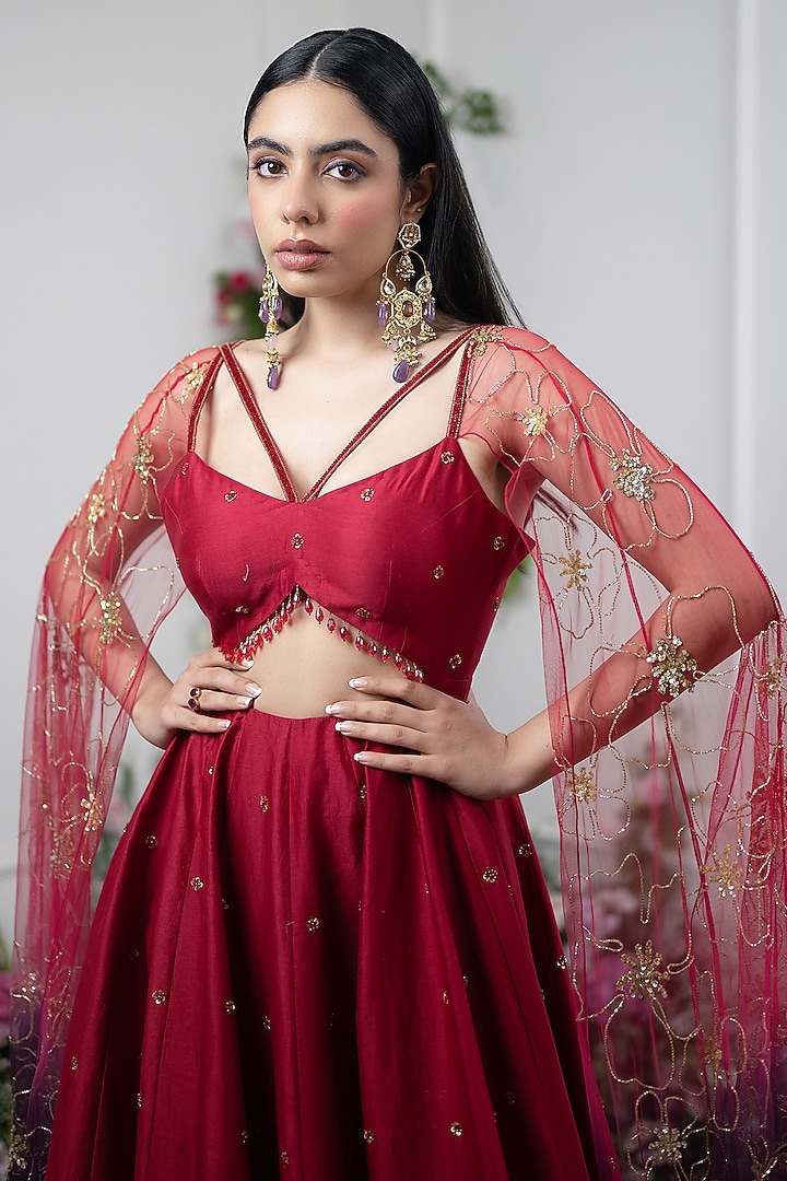 Red Chanderi Embroidered Wedding Anarkali by KIRAN KALSI at Pernia's Pop Up Shop