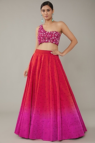 Red & Pink Ombre Crepe Lehenga Set by KIRAN KALSI