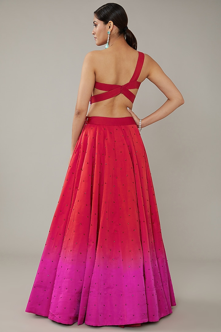 Red & Pink Ombre Crepe Wedding Lehenga Set by KIRAN KALSI at Pernia's Pop Up Shop