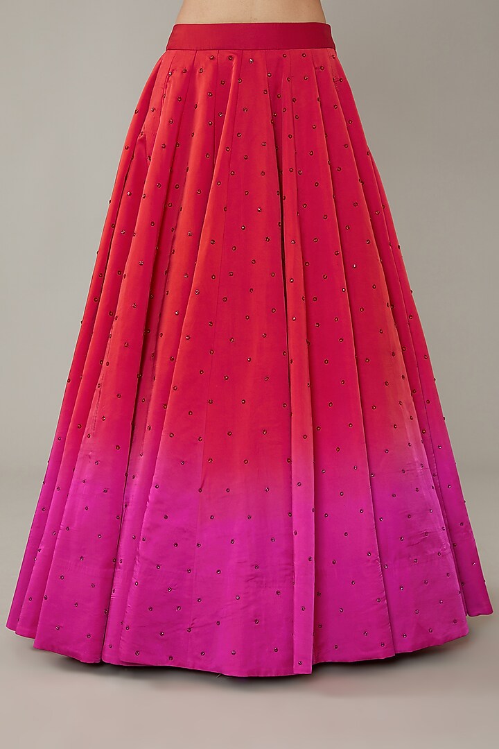 Red & Pink Ombre Crepe Wedding Lehenga Set by KIRAN KALSI at Pernia's Pop Up Shop