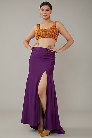 Purple Crepe Fish-Cut Lehenga Set by KIRAN KALSI
