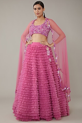 Pink Tulle Embroidered Ruffled Lehenga Set by KIRAN KALSI