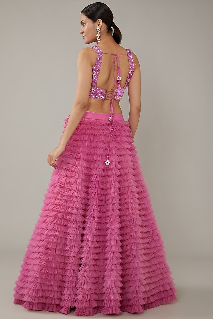 Pink Tulle Embroidered Ruffled Wedding Lehenga Set by KIRAN KALSI at Pernia's Pop Up Shop