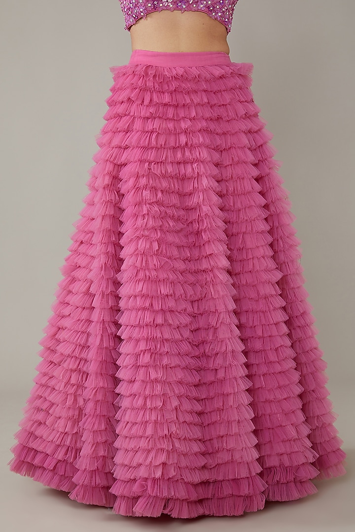 Pink Tulle Embroidered Ruffled Wedding Lehenga Set by KIRAN KALSI at Pernia's Pop Up Shop
