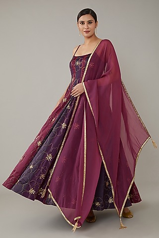 Purple & Wine Crepe Color-Blocked Anarkali Set by KIRAN KALSI