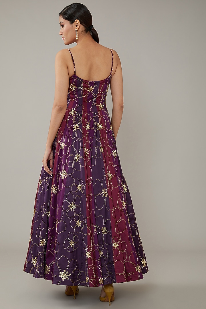 Purple & Wine Crepe Color-Blocked Wedding Anarkali Set by KIRAN KALSI at Pernia's Pop Up Shop