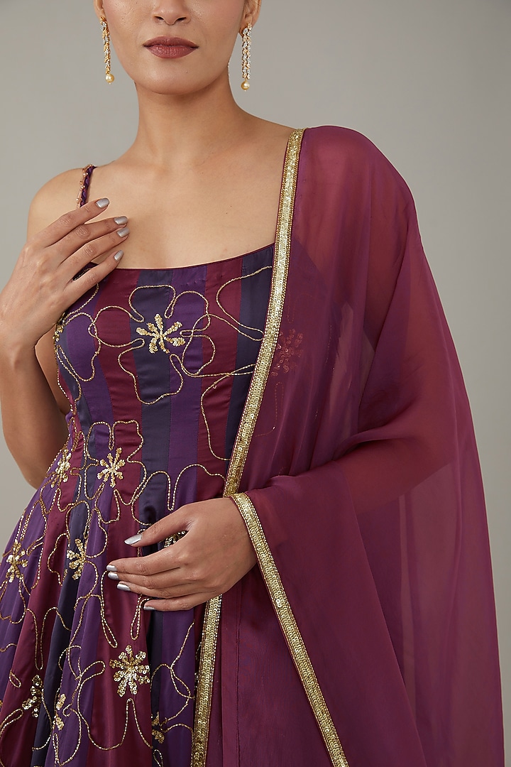 Purple & Wine Crepe Color-Blocked Wedding Anarkali Set by KIRAN KALSI at Pernia's Pop Up Shop