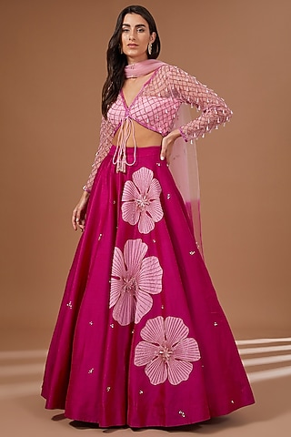 Rani Pink Raw Silk Applique Hand Embroidered Lehenga Set by KIRAN KALSI
