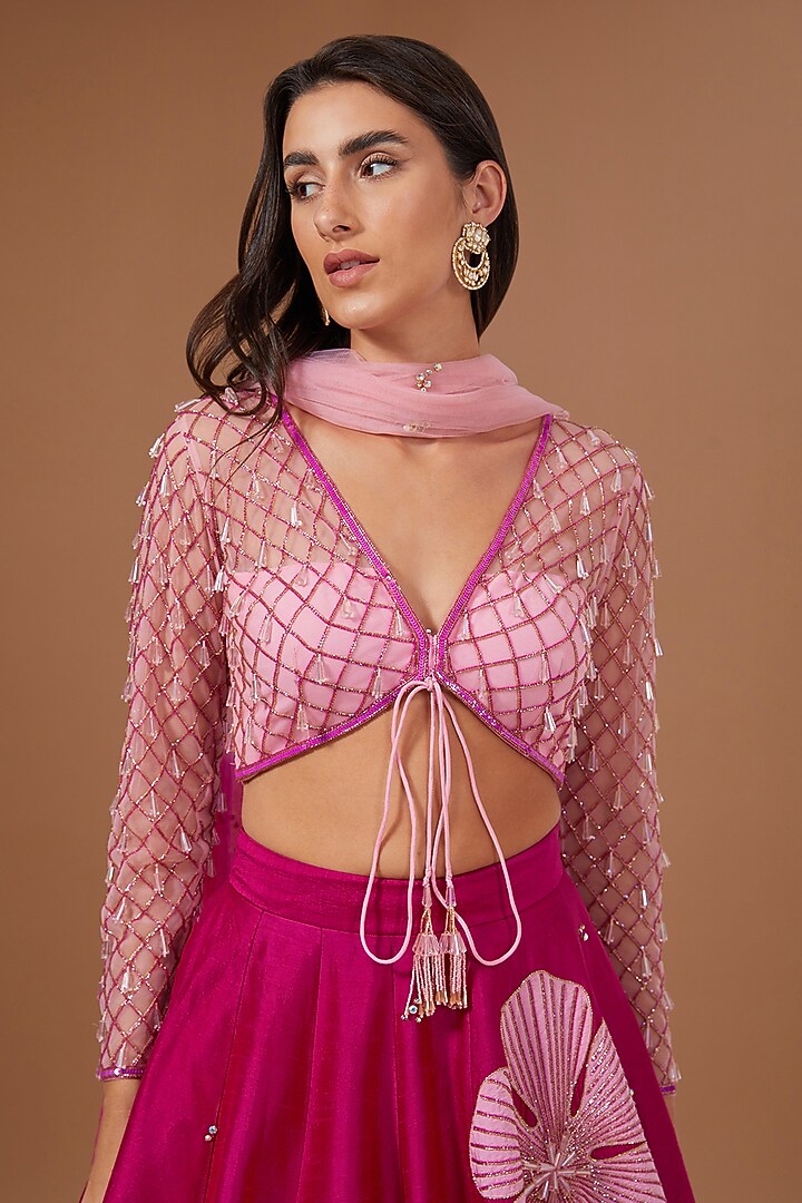Rani Pink Raw Silk Applique Hand Embroidered Wedding Lehenga Set by KIRAN KALSI at Pernia's Pop Up Shop