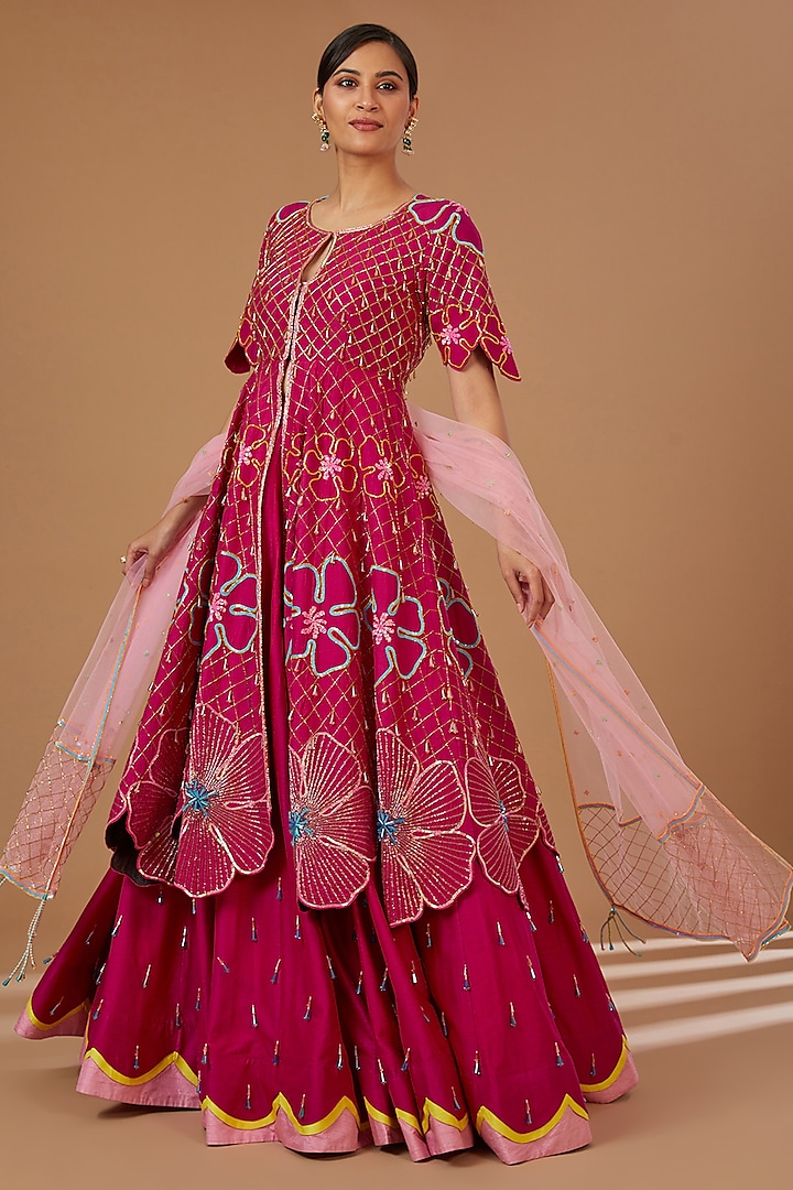 Rani Pink Raw Silk Crystal Embroidered Anarkali Set by KIRAN KALSI