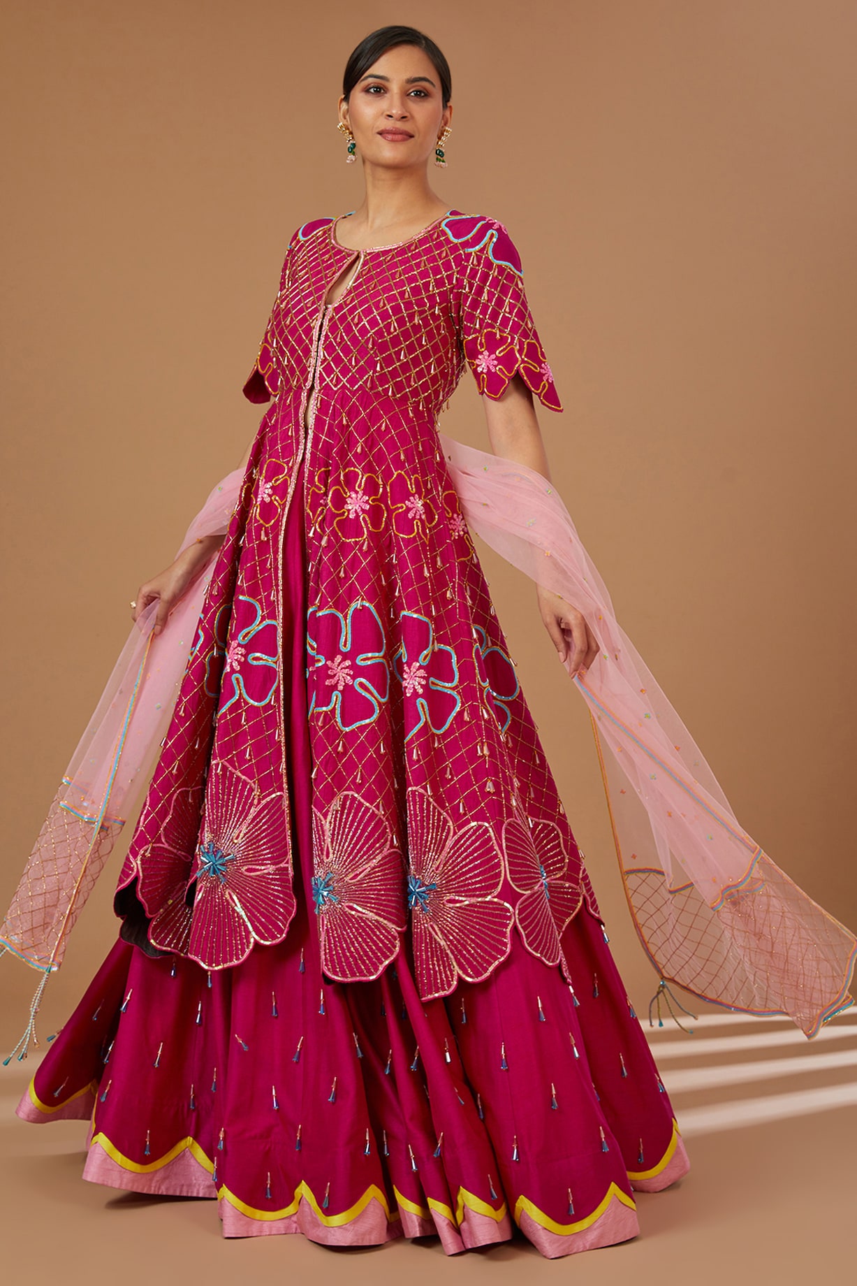 Rani Pink Raw Silk Crystal Embroidered Anarkali Set by KIRAN KALSI at ...