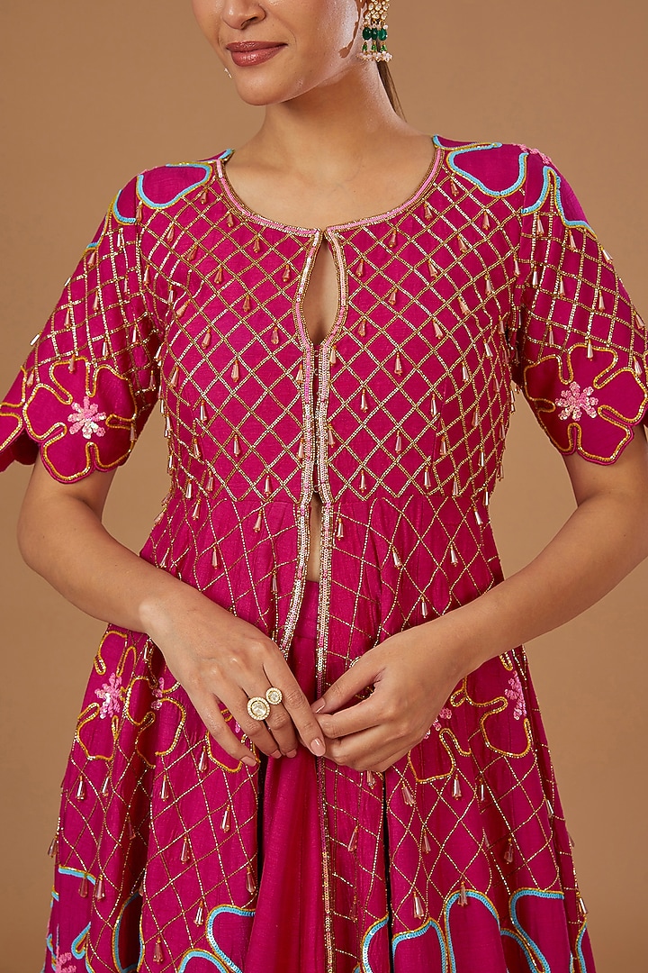 Rani Pink Raw Silk Crystal Embroidered Wedding Anarkali Set by KIRAN KALSI at Pernia's Pop Up Shop
