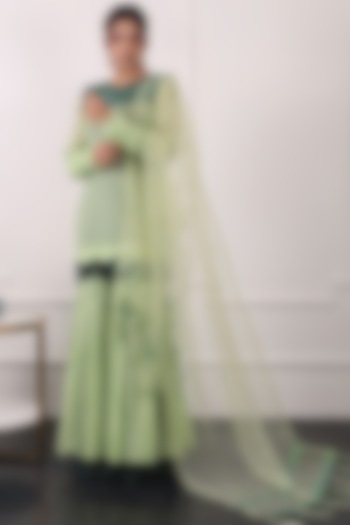 Green Georgette Layered Gharara Set by KIRAN KALSI