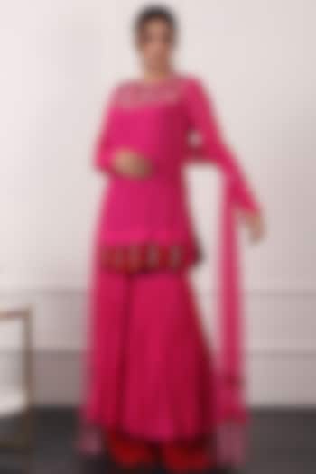 Pink & Red Georgette Gharara Set by KIRAN KALSI