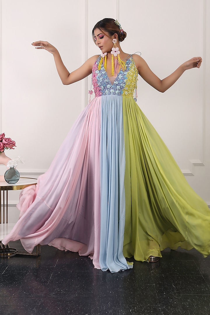 Multi-Colored Chiffon Gown by KIRAN KALSI