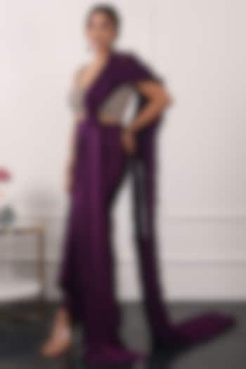 Purple Satin Ruffled Draped Saree Set by KIRAN KALSI