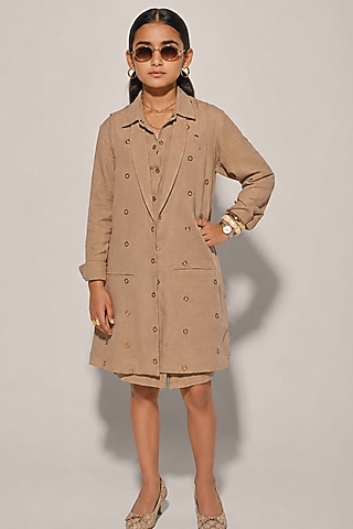 Beige Blended Linen Jacket Dress For Girls by Kriti Bapna Kids