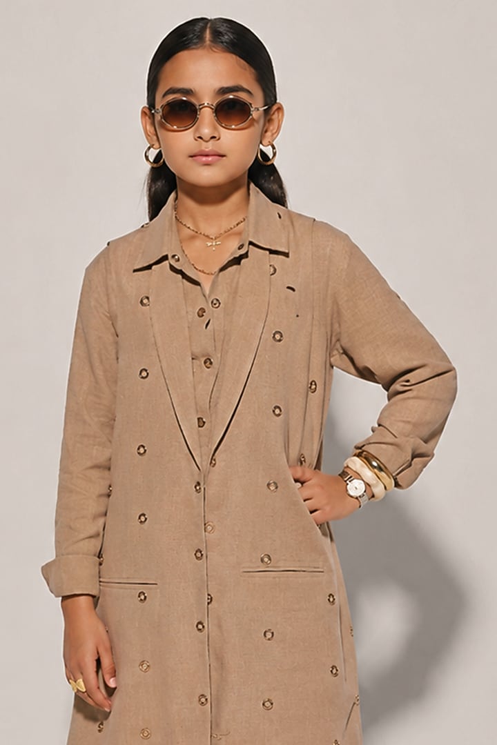 Beige Blended Linen Jacket Dress For Girls by Kriti Bapna Kids at Pernia's Pop Up Shop