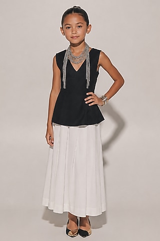 Black & White Blended Linen Co-Ord Set For Girls by Kriti Bapna Kids