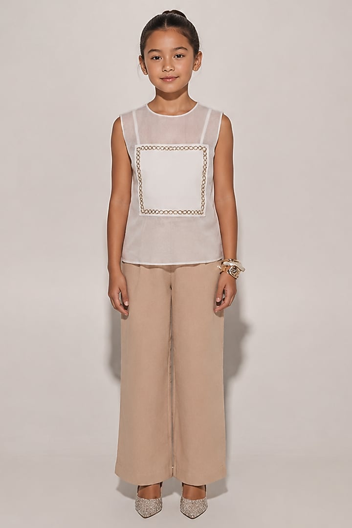 Beige & White Organza Co-Ord Set For Girls by Kriti Bapna Kids at Pernia's Pop Up Shop