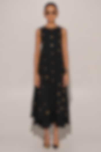 Black Blended Linen Layered Dress For Girls by Kriti Bapna Kids at Pernia's Pop Up Shop