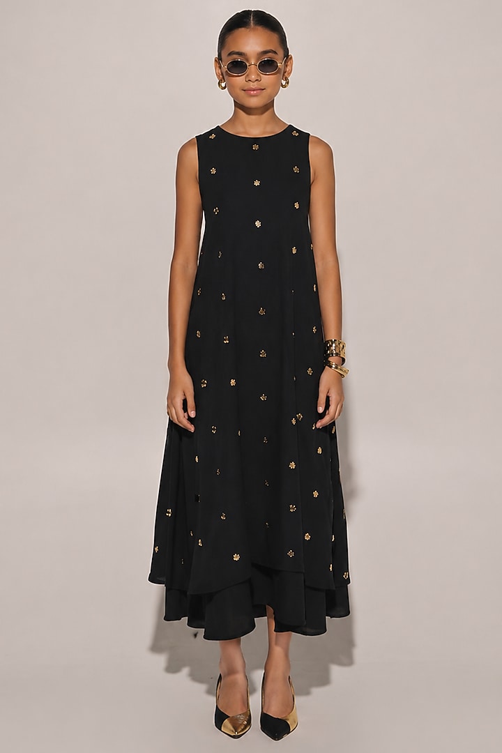 Black Blended Linen Layered Dress For Girls by Kriti Bapna Kids at Pernia's Pop Up Shop