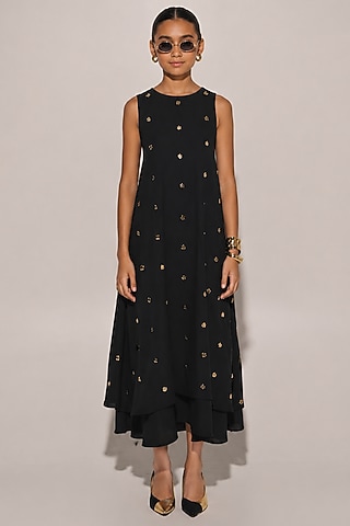 Black Blended Linen Layered Dress For Girls by Kriti Bapna Kids