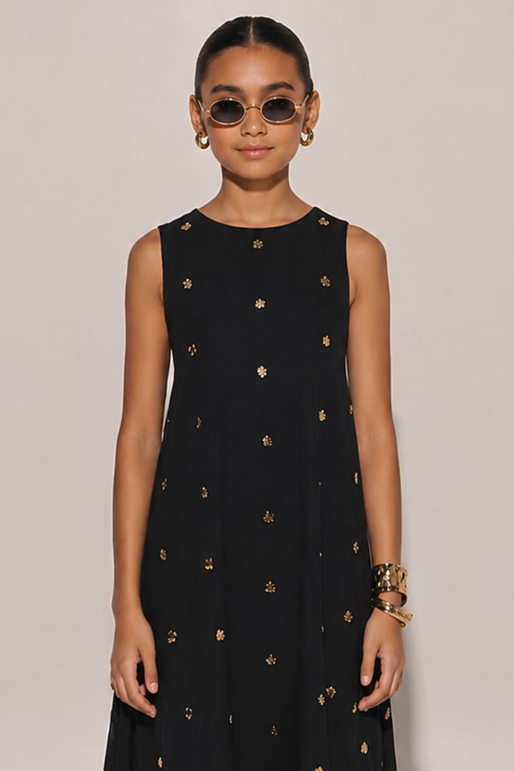 Black Blended Linen Layered Dress For Girls by Kriti Bapna Kids at Pernia's Pop Up Shop