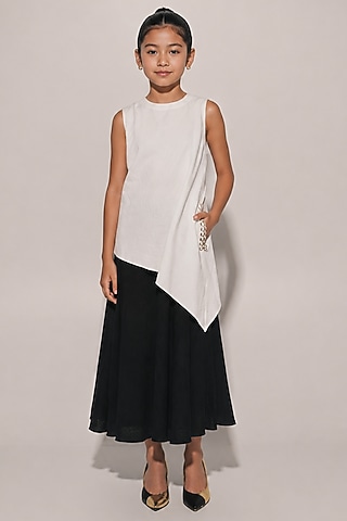 Black & White Blended Linen Color-Blocked Dress For Girls by Kriti Bapna Kids