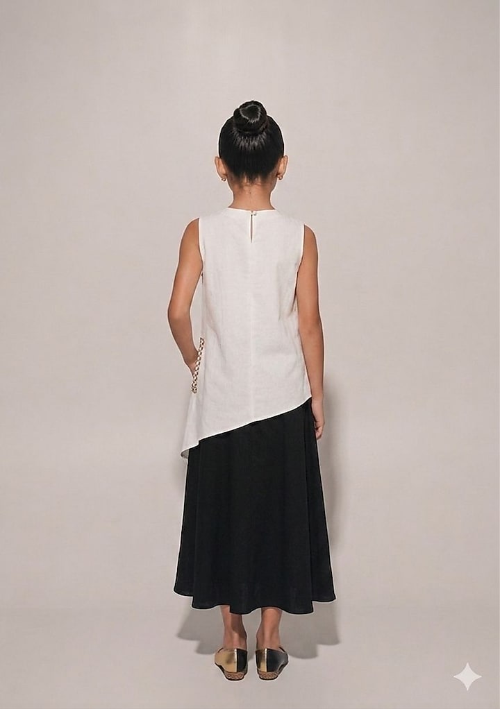 Black & White Blended Linen Color-Blocked Dress For Girls by Kriti Bapna Kids at Pernia's Pop Up Shop