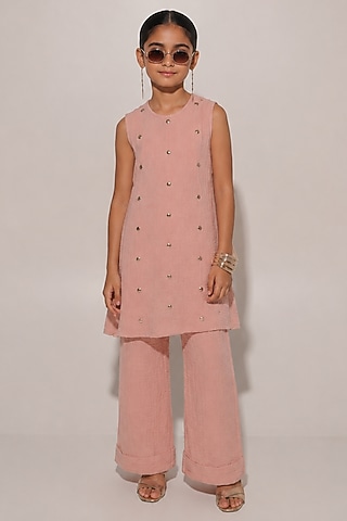 Pink Blended Linen Co-Ord Set For Girls by Kriti Bapna Kids