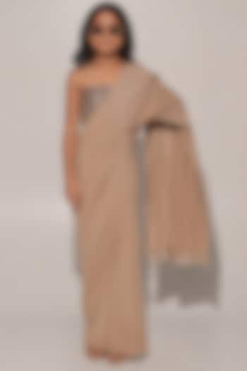 Beige Blended Linen Saree Set For Girls by Kriti Bapna Kids at Pernia's Pop Up Shop