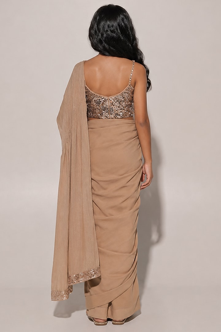 Beige Blended Linen Saree Set For Girls by Kriti Bapna Kids at Pernia's Pop Up Shop