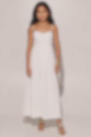 White Blended Linen Pleated Flared Dress For Girls by Kriti Bapna Kids at Pernia's Pop Up Shop