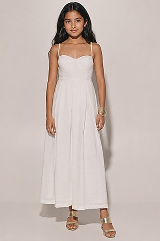 White Blended Linen Pleated Flared Dress For Girls by Kriti Bapna Kids