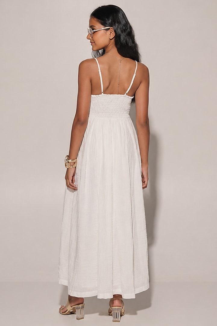 White Blended Linen Pleated Flared Dress For Girls by Kriti Bapna Kids at Pernia's Pop Up Shop